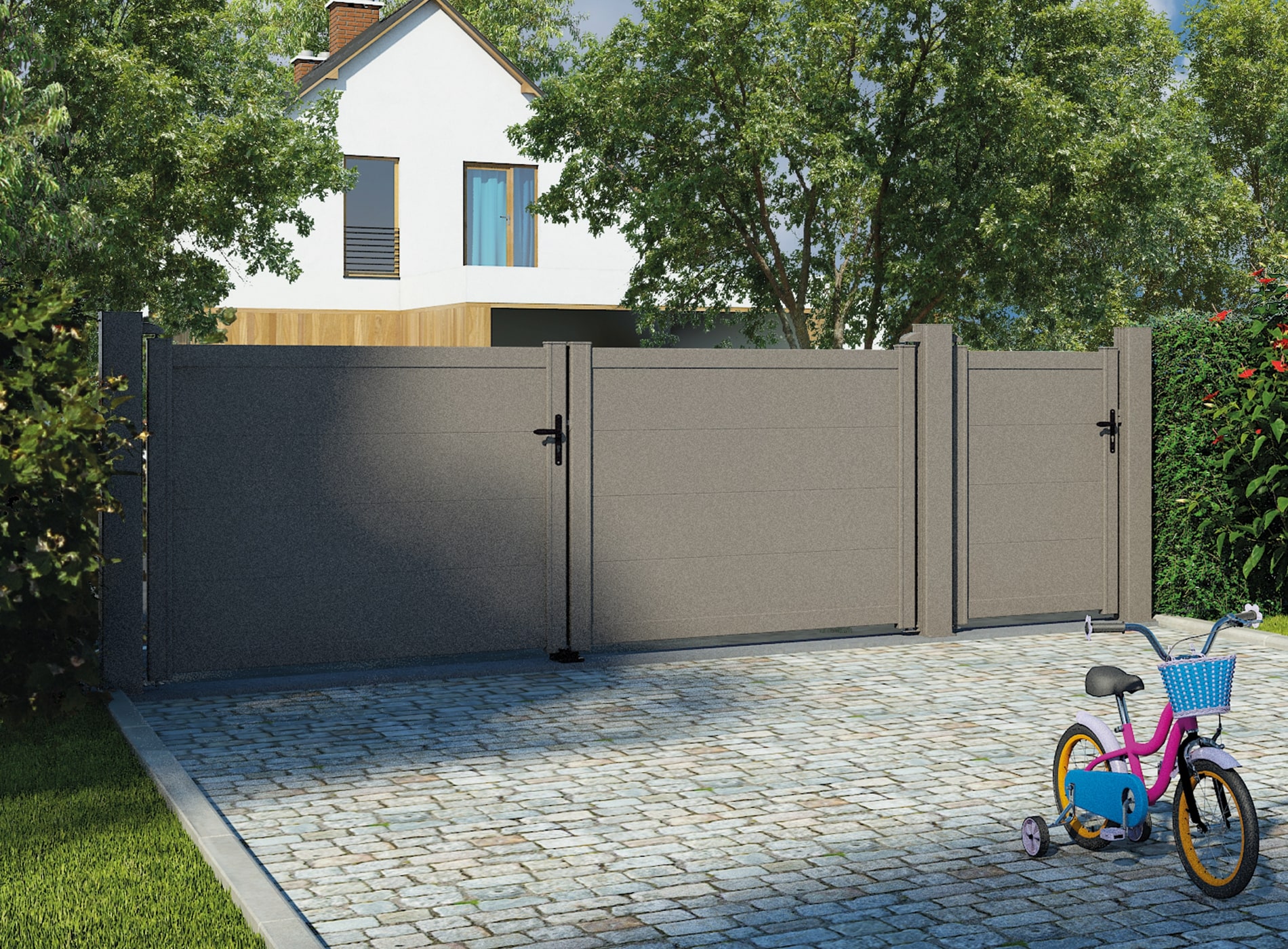 Klos up portail aluminium battant HEZO lames pleines 300 - Gris Sablé 2900