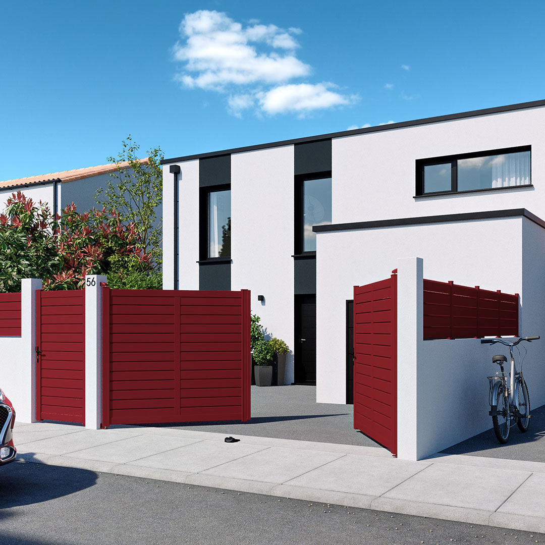Portail battant et clôture persienné en aluminium ZEF – Rouge (RAL3004)